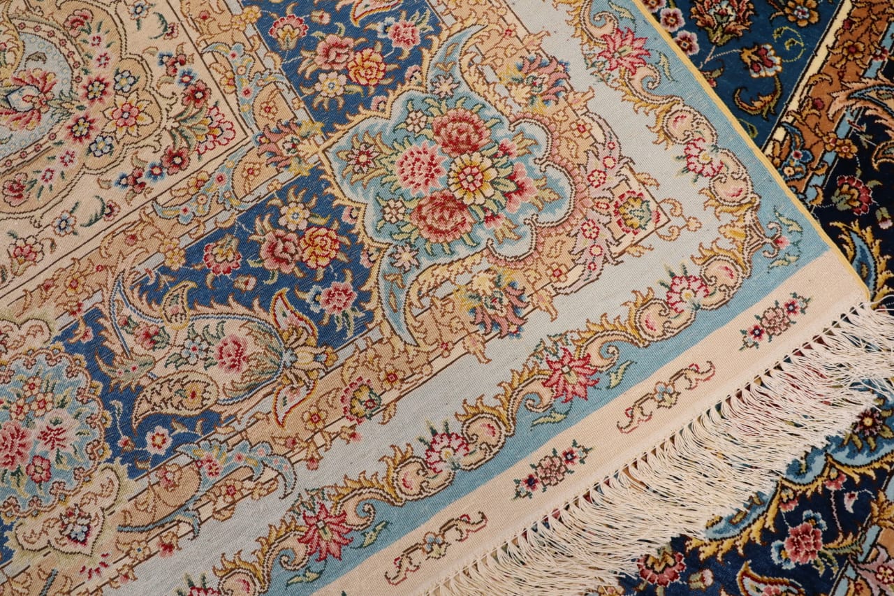 lager persian qom silk carpet blue color