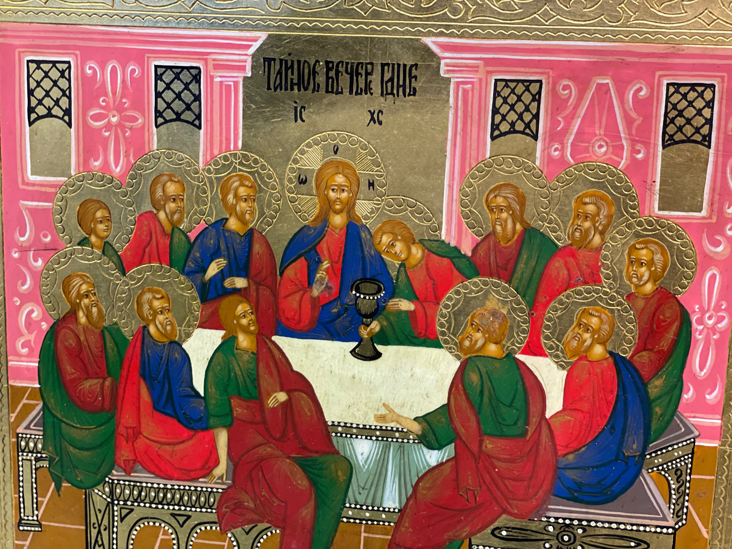 handmade Russian icon of the last supper from the late19th century