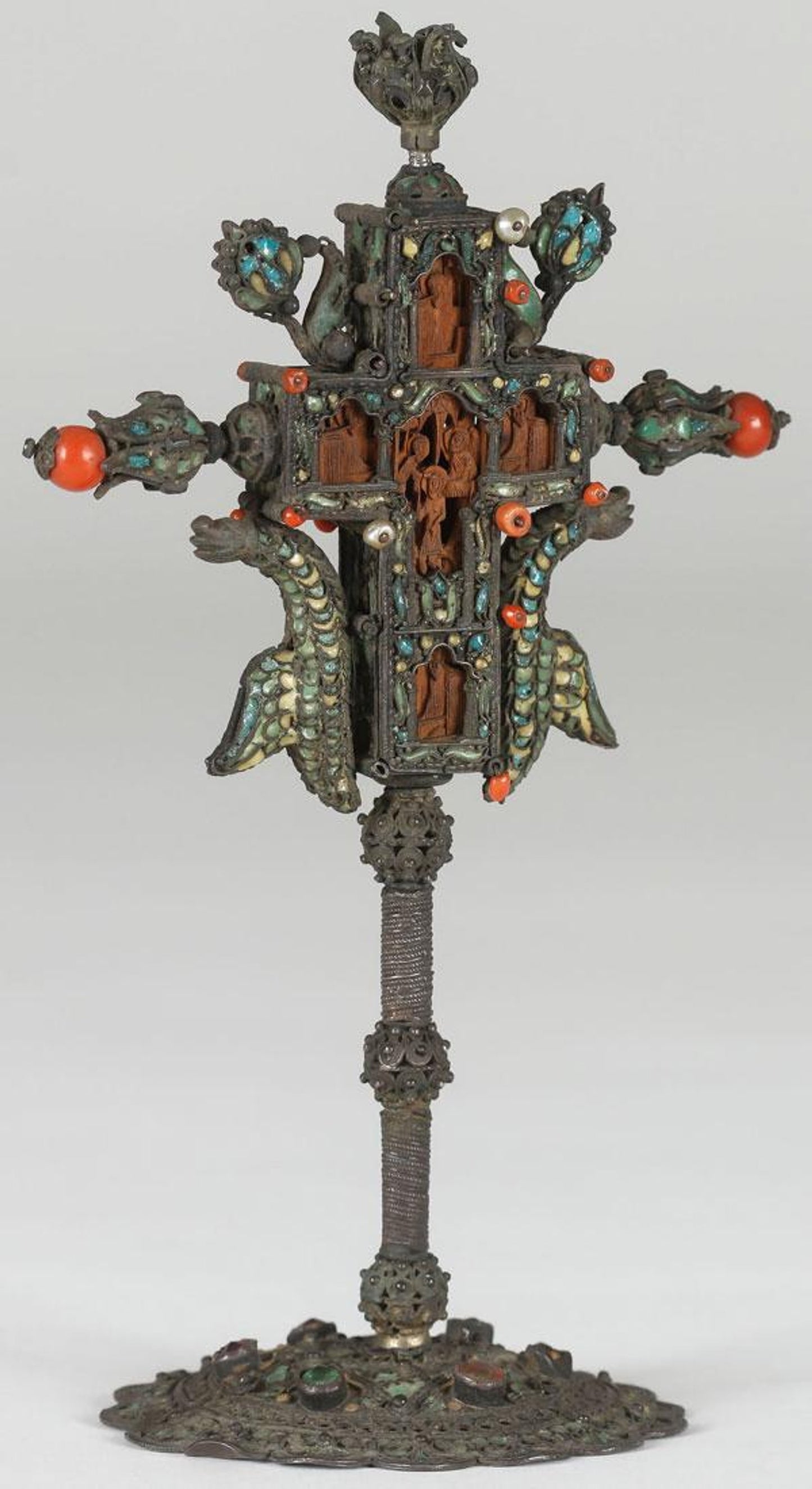 FINE SILVER & ENAMEL MOUNTED WOOD CROSS MT ATHOS 18THC
