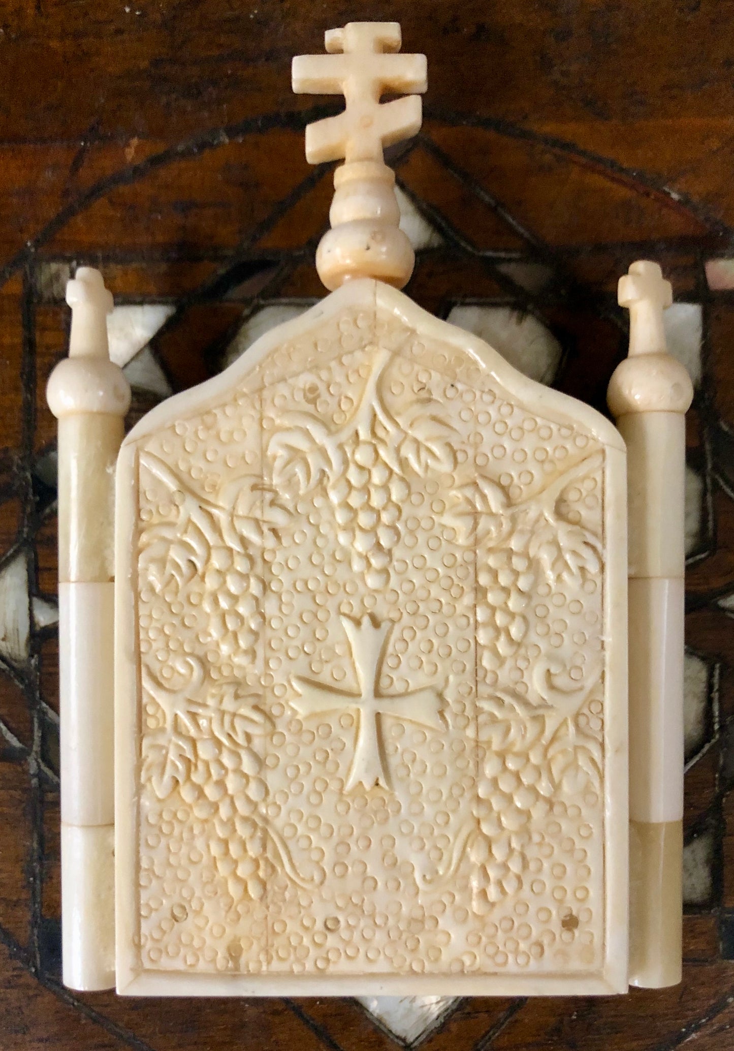 St. George killing a dragon, handmade icon painted and sculptured on Ivory. Late 19th Century.