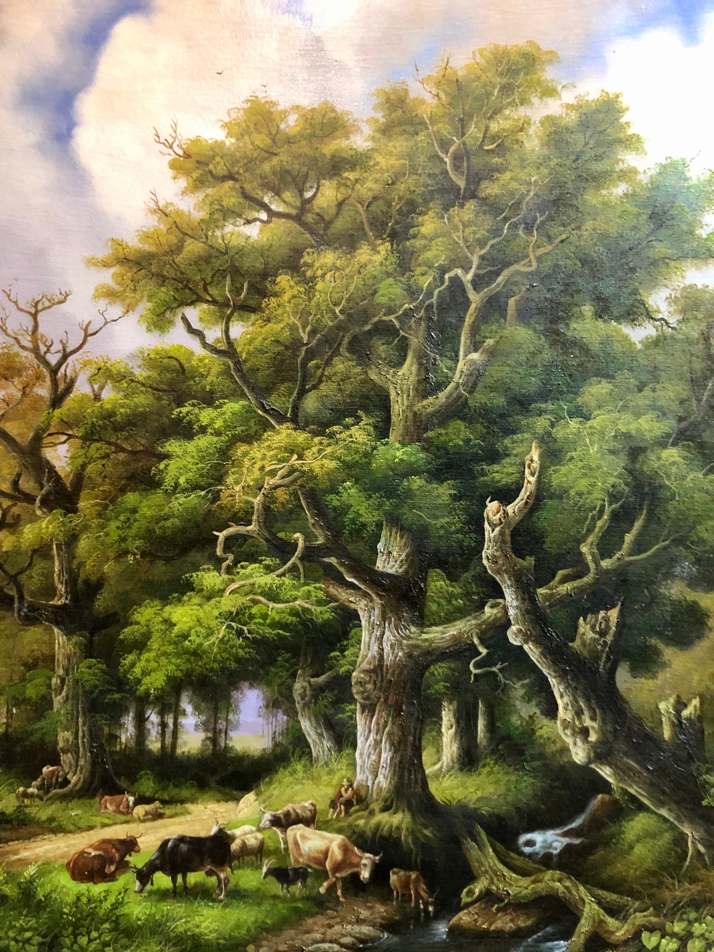 A Shepherd resting his back on an Oak Tree, along with his fold, handmade Oil Painting.