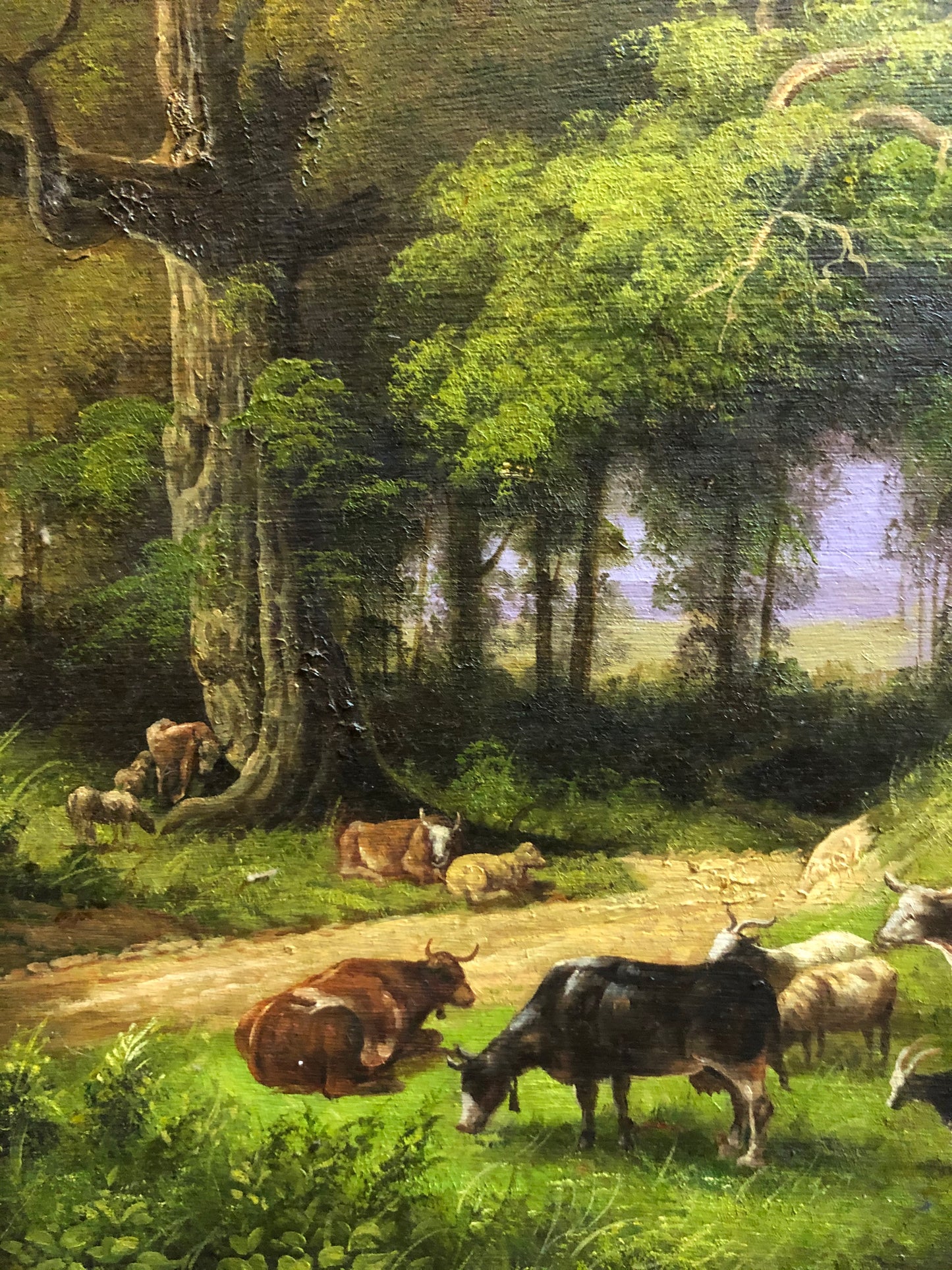 A Shepherd resting his back on an Oak Tree, along with his fold, handmade Oil Painting.