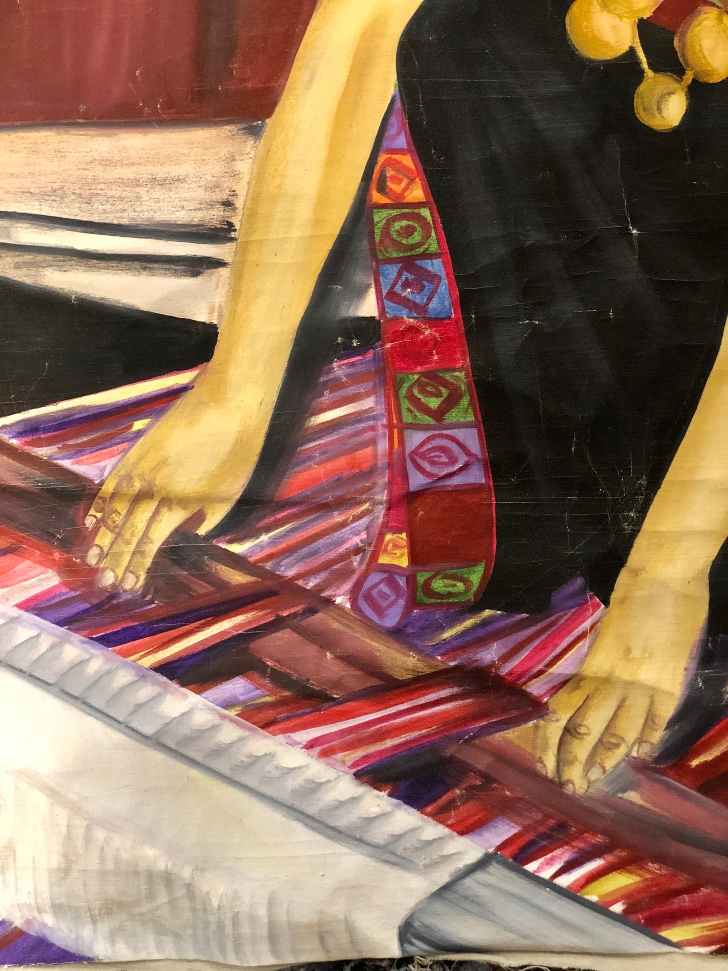 Arabian Woman sewing a handmade wool carpet, handmade Oil Painting.