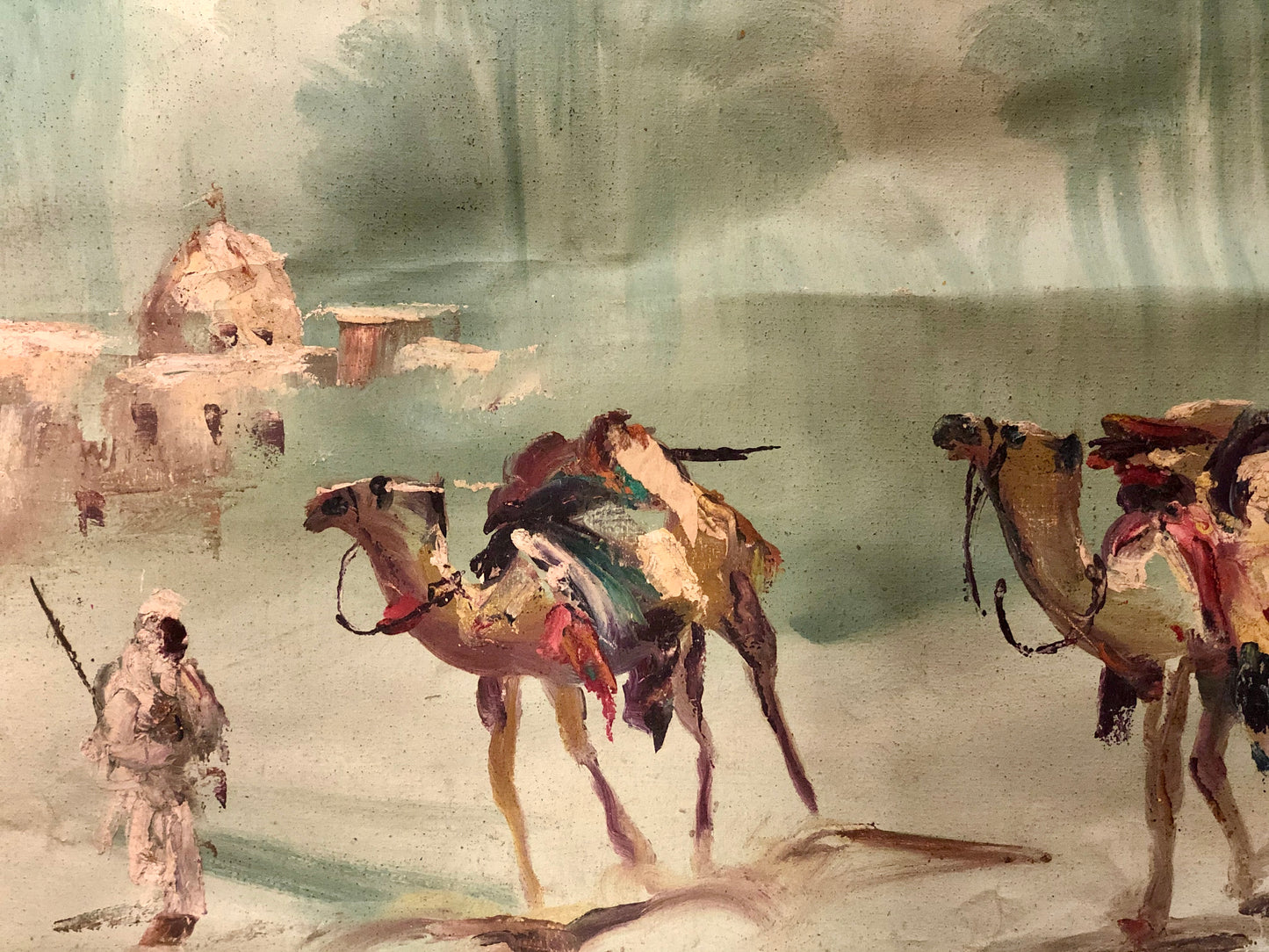 The Arabian Dessert, Camels carrying goods and a mosque surrounded by palm trees, handmade Oil Painting.