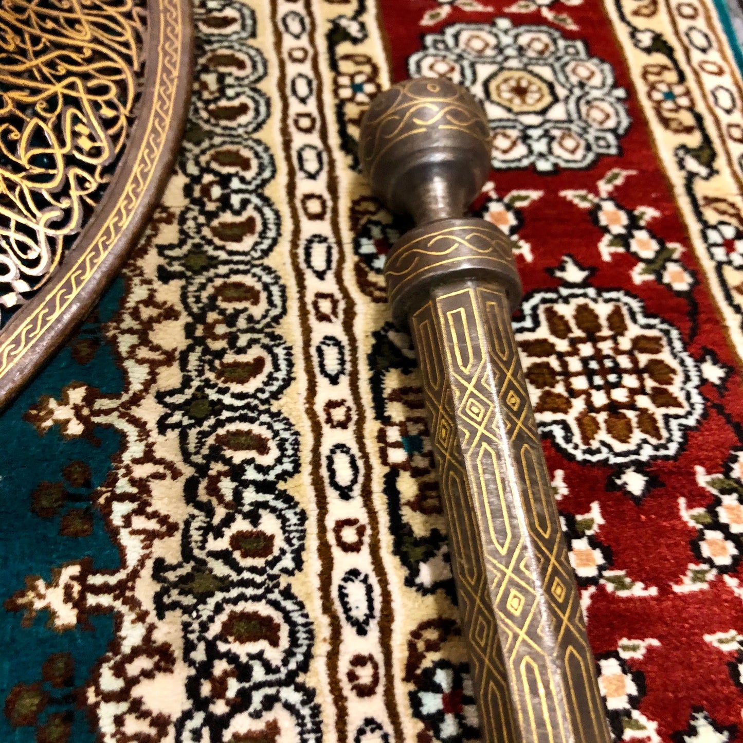 An Antique Syrian Warrior's set of a Shield with Axe and Hand protector. Made out of Bronze and Gold.