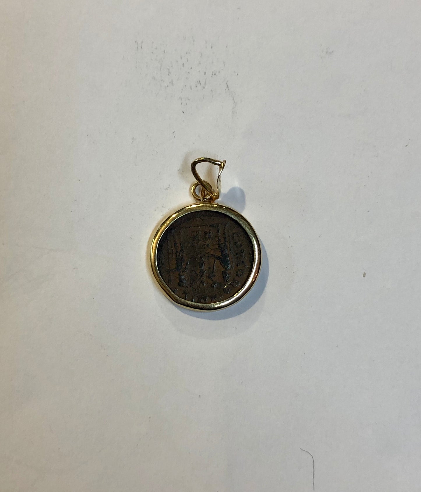 Roman Bronze Denarius, golden Pendant. 14K. 63 B.C./ 330 A.D.