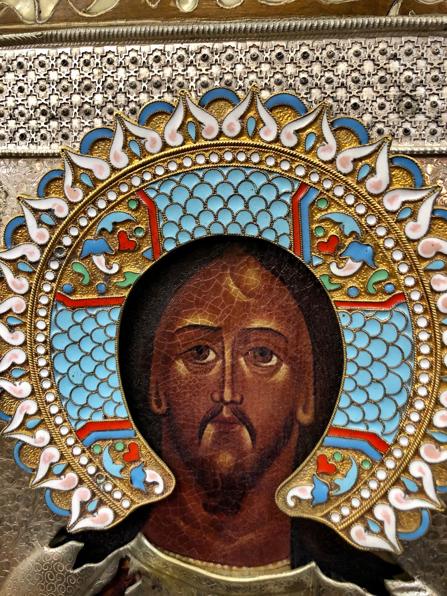 A Russian Enameled-Silver Stamped Pair of the Wedding icon of Jesus Christ and Mother of God 19th Century.