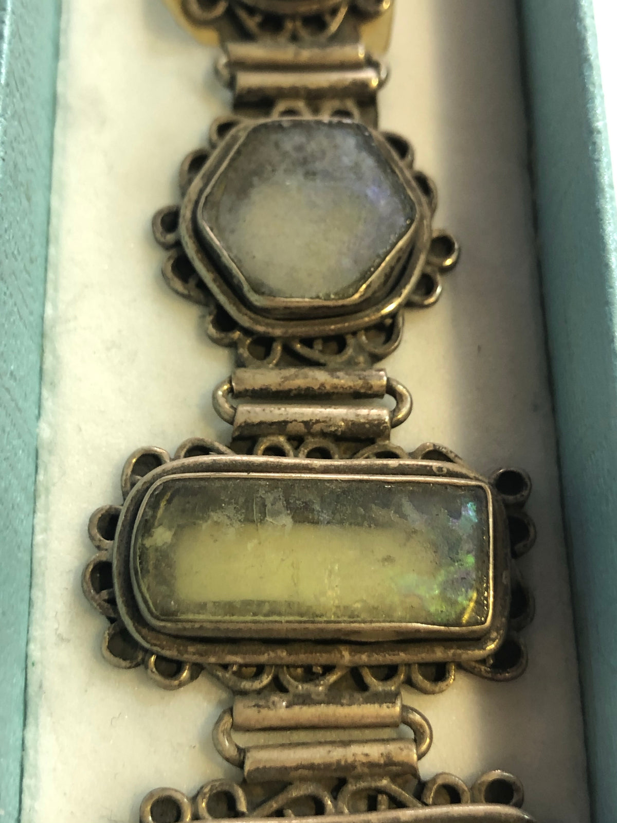 Roman Glass put in antique silver frames 925, antique silver Bracelet.