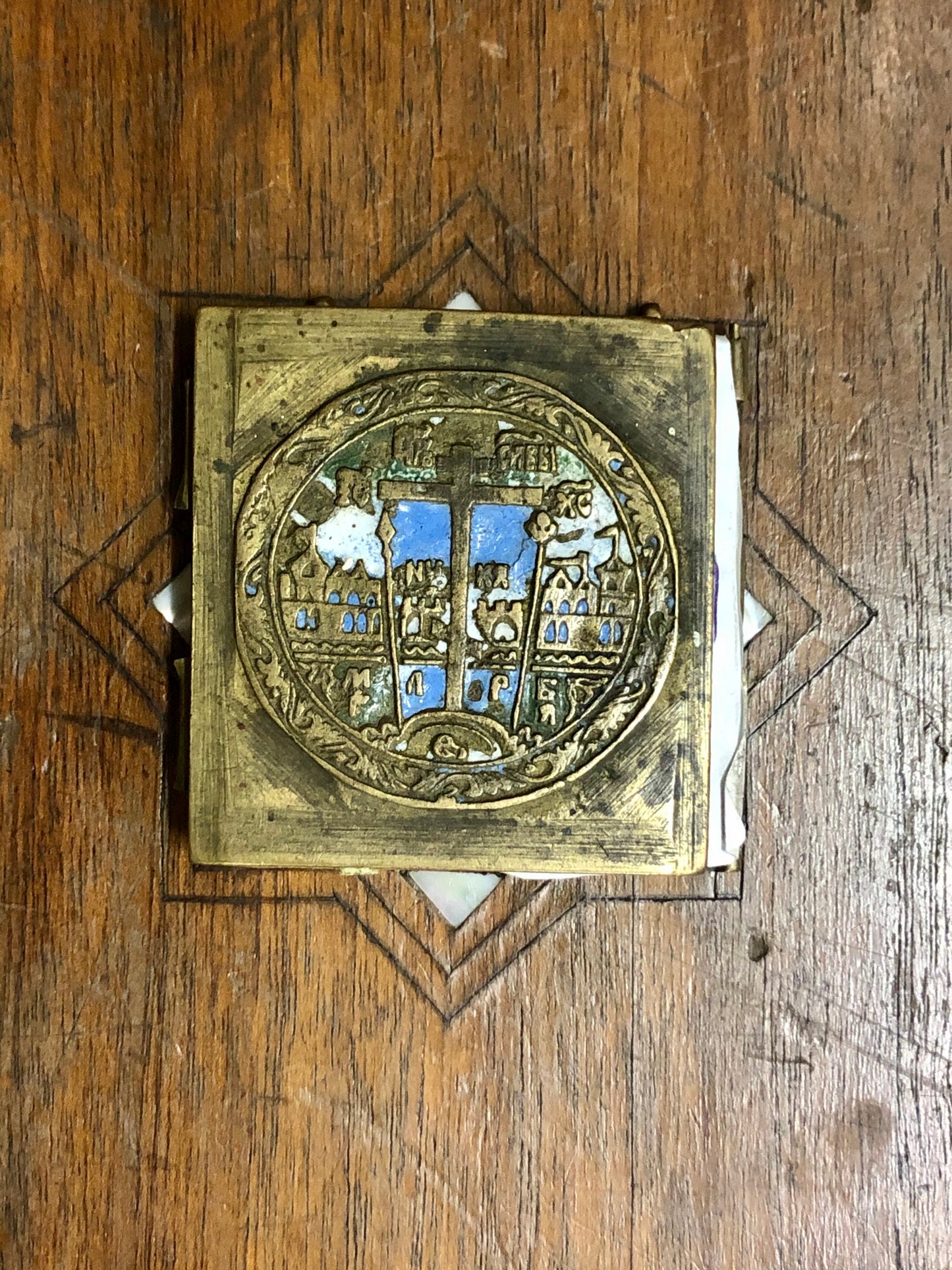 A handmade Bronze Russian Folded icon of The three Evangelist, Diocese and The angel Gabriel. 19th Century.