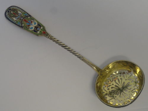 Antique Russian silver 88 cloisonne enamel tea strainer by Ivan Khlebnikov