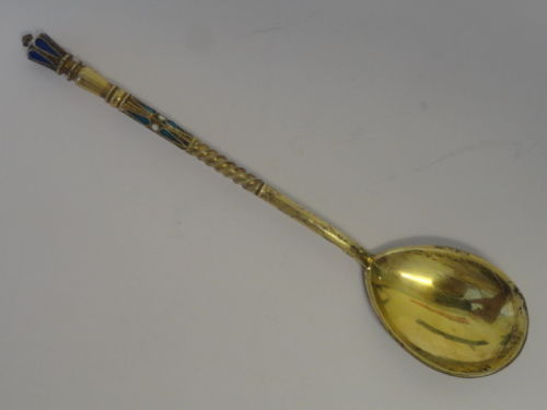 Antique Russian silver 84 cloisonne enamel spoon by Ivan Saltykov, 4.8 inches