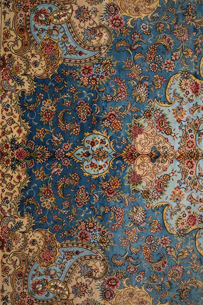 lager persian qom silk carpet blue color