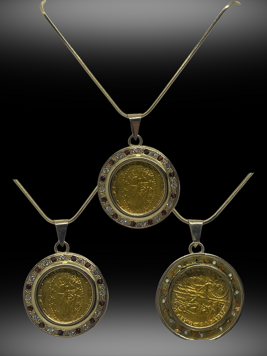 Heavenly Embrace: Byzantine Gold Coins with Jesus Image in 14K Gold Pendant with Diamonds and Ruby
