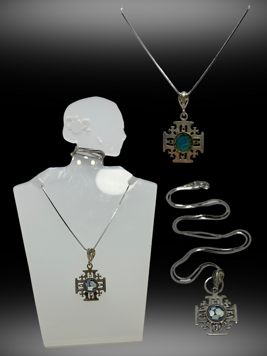 Eternal Reflections: Roman Glass in Silver Jerusalem Cross Pendant