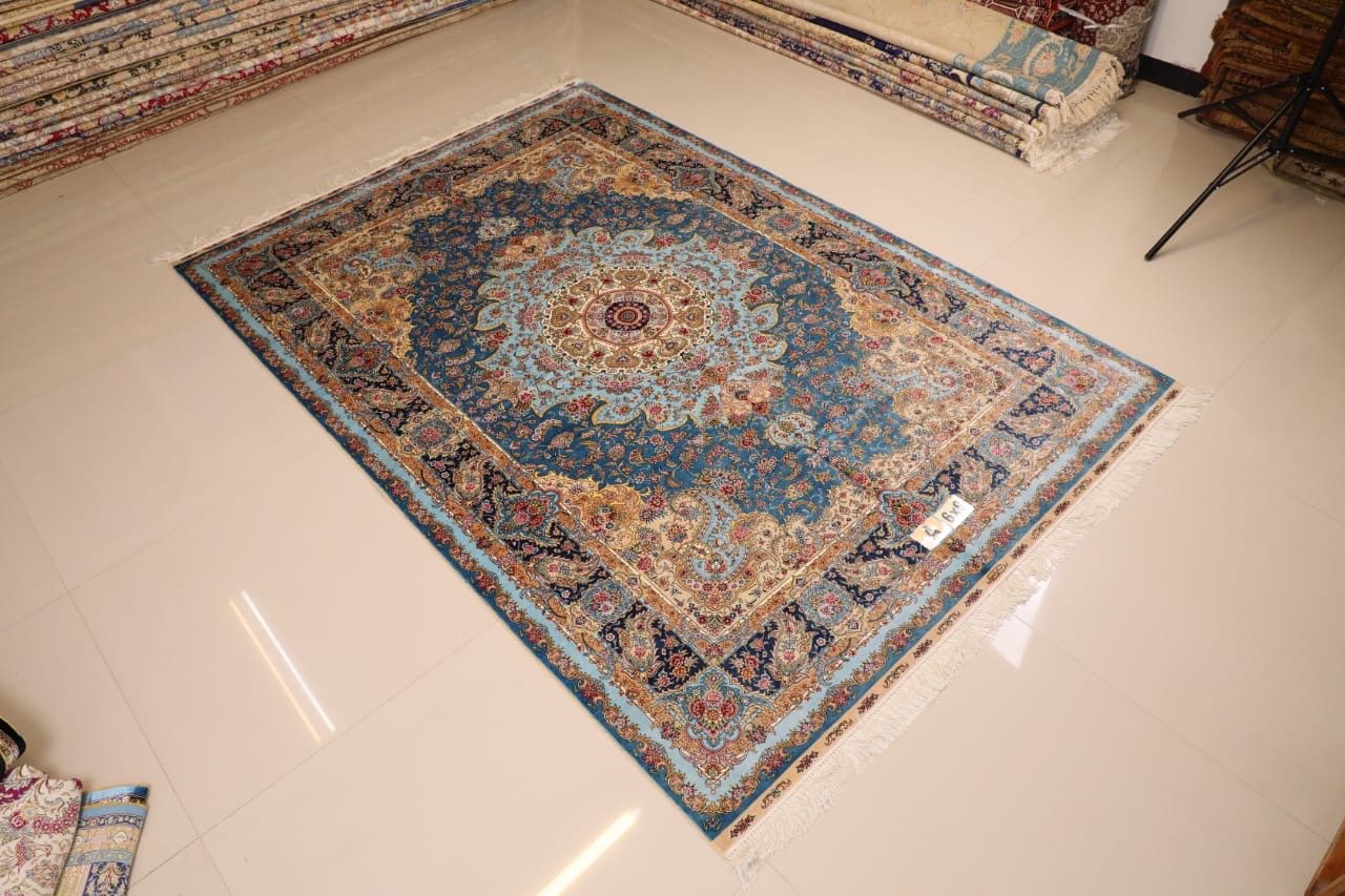 lager persian qom silk carpet blue color