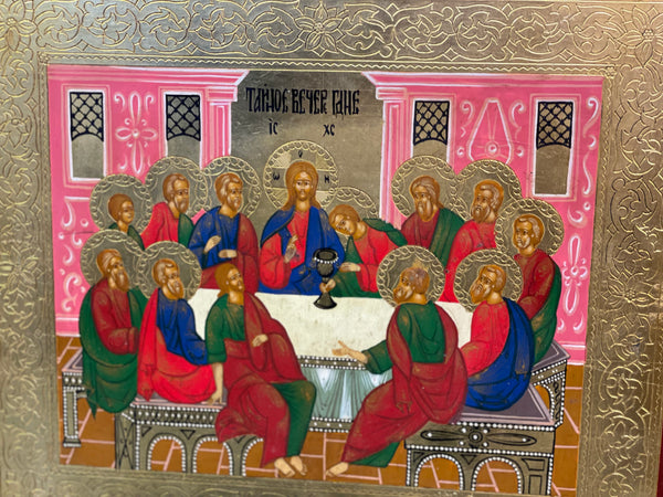 handmade Russian icon of the last supper from the late19th century