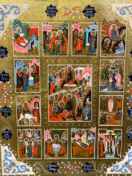 handmade Russian icon of the feast calendar from the late19th century
