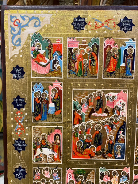 handmade Russian icon of the feast calendar from the late19th century