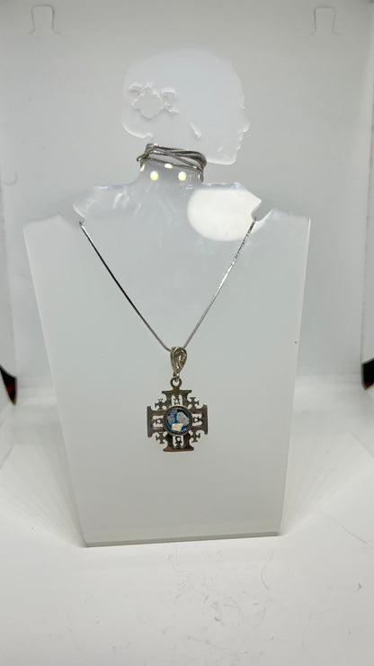 Eternal Reflections: Roman Glass in Silver Jerusalem Cross Pendant