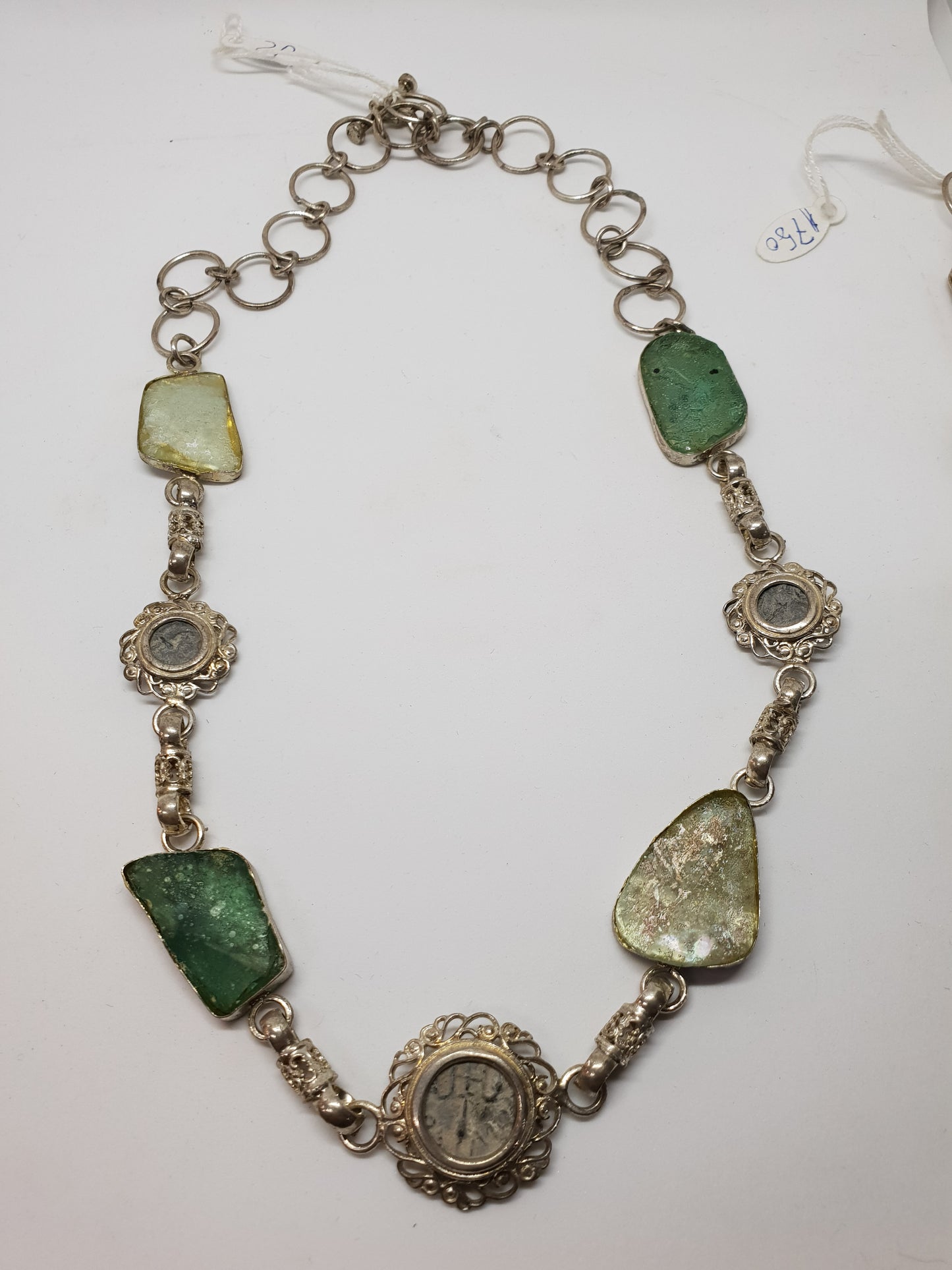 ANCIENT BIBLICAL COINS WITH ANCIENT ROMAN GLASS SET IN SILVER NECKLACE AND BRACELET