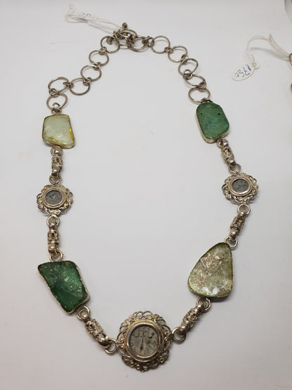 ANCIENT BIBLICAL COINS WITH ANCIENT ROMAN GLASS SET IN SILVER NECKLACE AND BRACELET