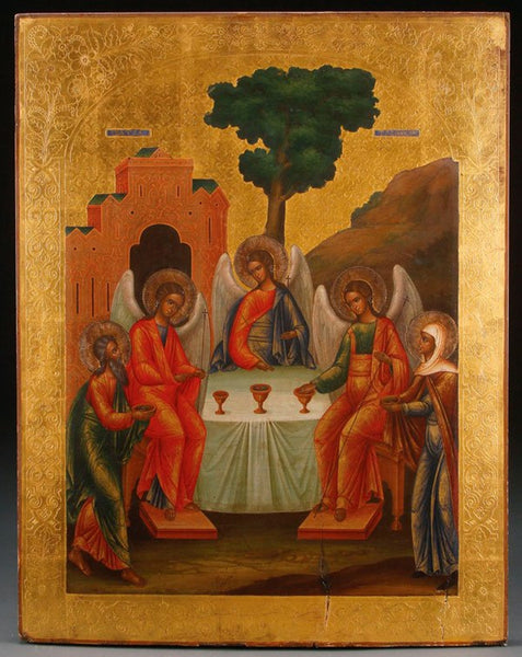 A LARGE RUSSIAN ICON OF THE OLD TESTAMENT TRINITY, 19TH CENTURY.