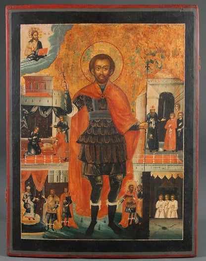 A LARGE RUSSIAN ICON OF ST. JOHN THE WARRIOR WITH LIFE SCENES, 18TH CENTURY.