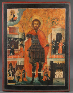A LARGE RUSSIAN ICON OF ST. JOHN THE WARRIOR WITH LIFE SCENES, 18TH CENTURY.