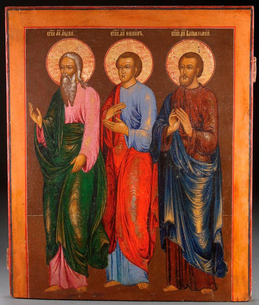 A LARGE RUSSIAN ICON WITH THREE APOSTLE SAINTS