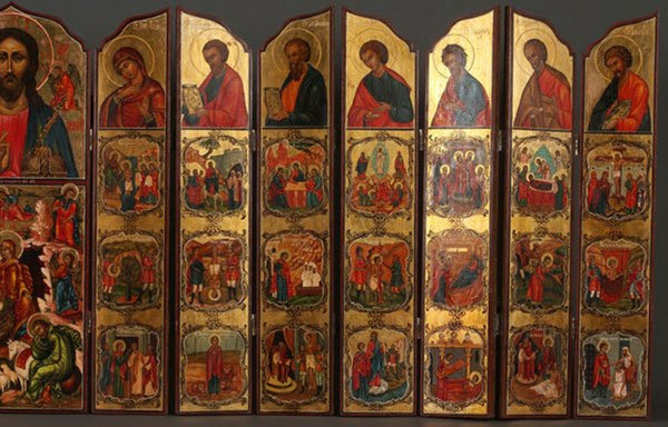 A LARGE AND IMPRESSIVE FOLDING ICONOSTASIS STYLE ICON, LAST PART OF THE 19TH CENTURY.