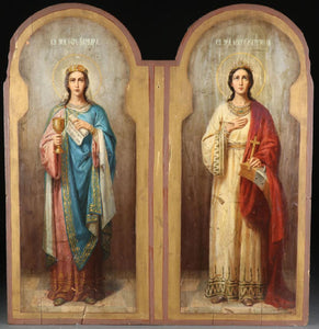 A LARGE AND IMPRESSIVE RUSSIAN ICON, ST. BARBARA & ST. KATHERINE, 19TH CENTURY.