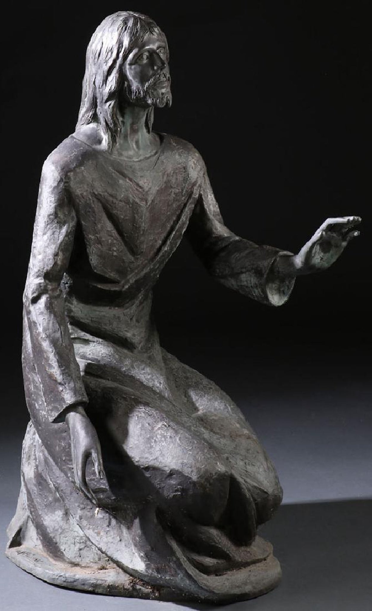 A PAIR OF LARGE BRONZE GARDEN SCULPTURES Depicting Christ and the Virgin in prayer, 19th century