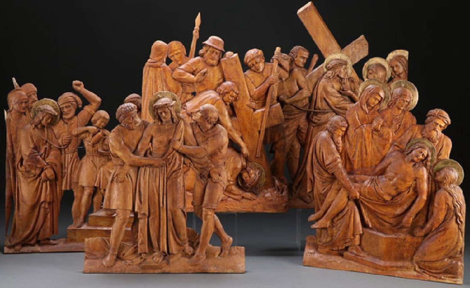 AN IMPRESSIVE GROUP OF FIVE RELIEF CARVED WOOD PANELS OF THE PASSION, GERMAN, 19TH CENTURY