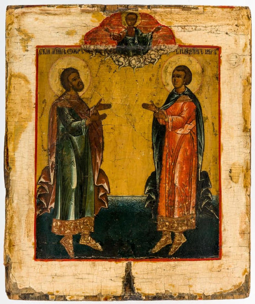 The Patron Saints of Horses Florus and Laurus, handmade Russian icon. 17th Century.