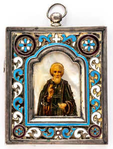 St. Sergius of Radonesh, Russian icon hand-painted on Mother-of-Pearl with Enameled silver oklad. 19th Century.