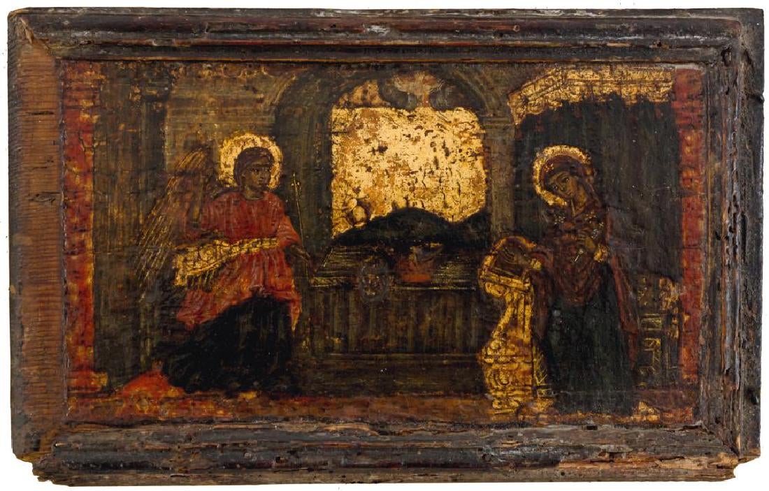 Annunciation, handmade Greek icon, 18th Century.