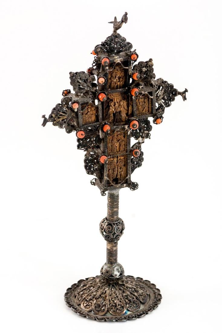 A splendid and finely carved standing cross from Mount Athos, Greece, wood with silver, 19th Century.