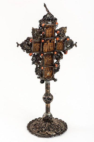 A splendid and finely carved standing cross from Mount Athos, Greece, wood with silver, 19th Century.
