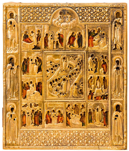 Russian icon with gilded silver-oklad, Moscow School. 19th Century.