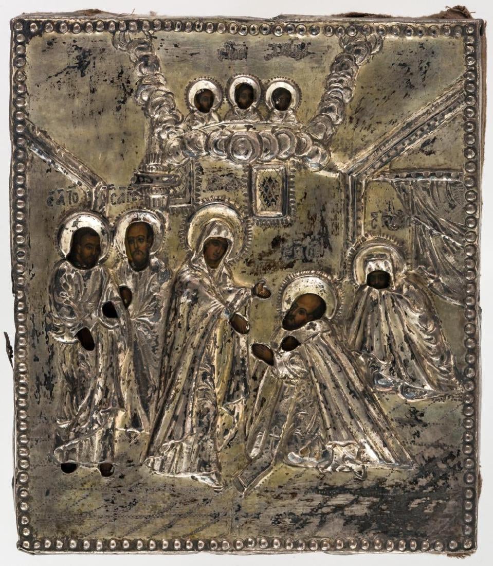 Appearance of the Mother of God to St. Sergius of Radonezh, Russian icon with silver-oklad. 18th Century.