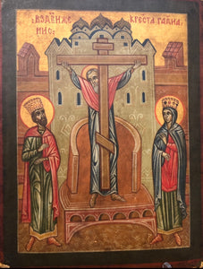 Constantine and Helena Raising The Cross, handmade Russian Icon. 19th Century.
