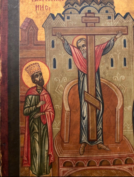 Constantine and Helena Raising The Cross, handmade Russian Icon. 19th Century.