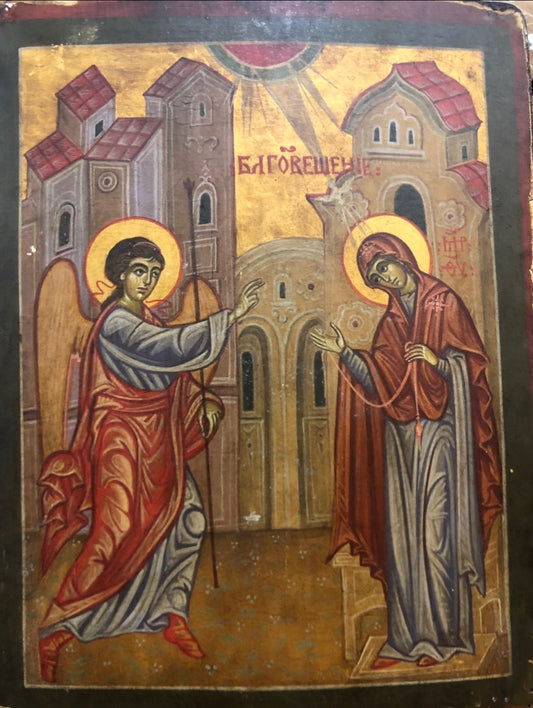 The Annunciation, handmade Russian icon, 19th Century.