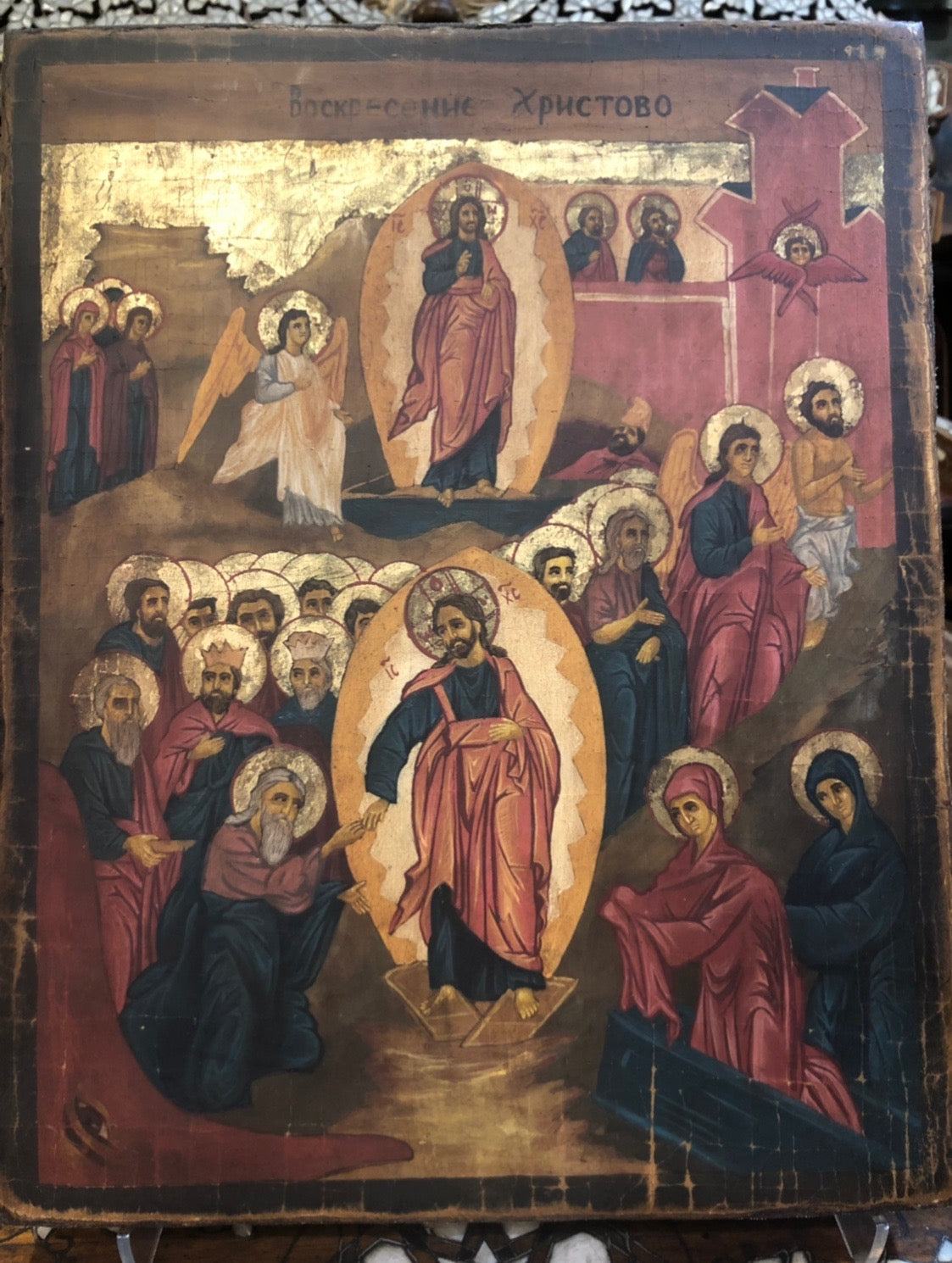 Harrowing of Hell, handmade Russian icon, 19th Century.