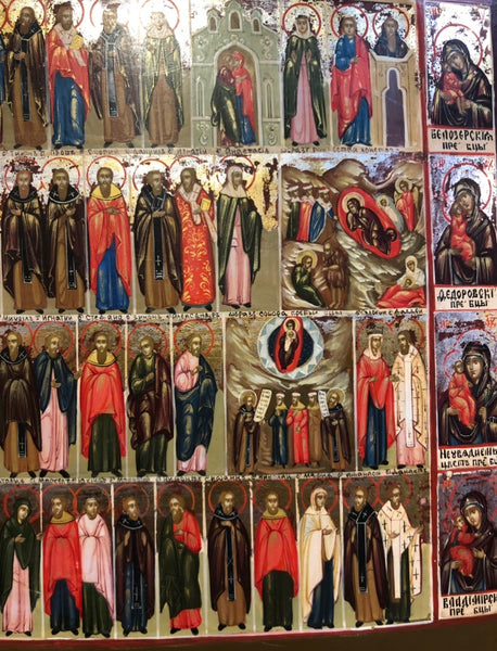 Saints of Month of February with images of Our lady with the child, handmade Russian Icon, 1880 late 19th Century.