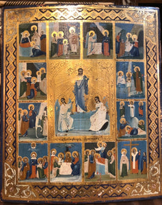 The Great Twelve Feasts of Christ, handmade Russian icon. Early 19th Century.
