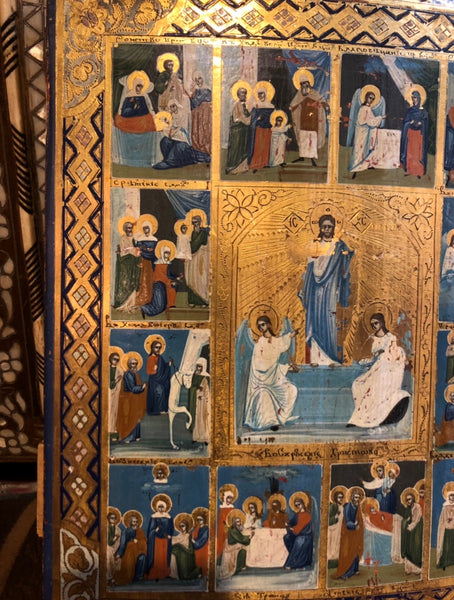 The Great Twelve Feasts of Christ, handmade Russian icon. Early 19th Century.