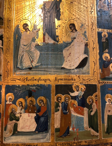 The Great Twelve Feasts of Christ, handmade Russian icon. Early 19th Century.