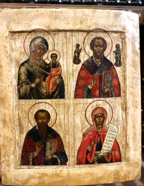 Smolensk Mother of God, St. Nicholas, St. Paraskeva and St. Blaise, handmade Russian icon, Moscow. Early 18th Century.