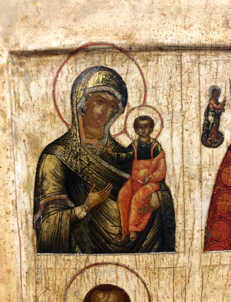 Smolensk Mother of God, St. Nicholas, St. Paraskeva and St. Blaise, handmade Russian icon, Moscow. Early 18th Century.